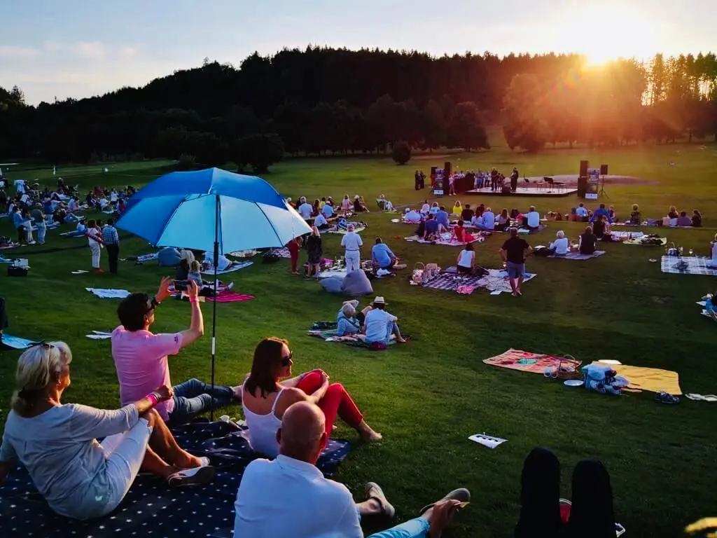 Publikum auf einer Rasenfläche bei einer Open-Air-Veranstaltung mit Bühne